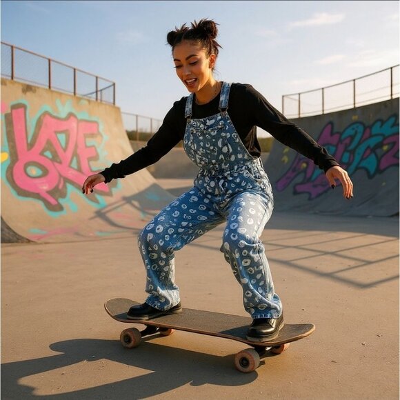 Momokrom Painted Leopard Denim Overalls W/ Adjustable Straps – M/8 NWT - Picture 6 of 9